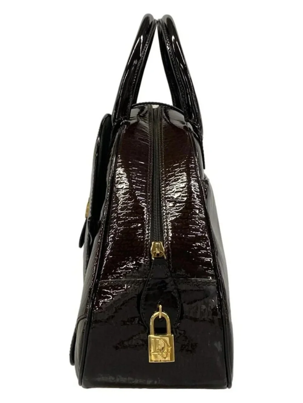 DIOR/ChristianDior Double Saddle Bag Dark Brown Patent Leather Handbag - Picture 4 of 15